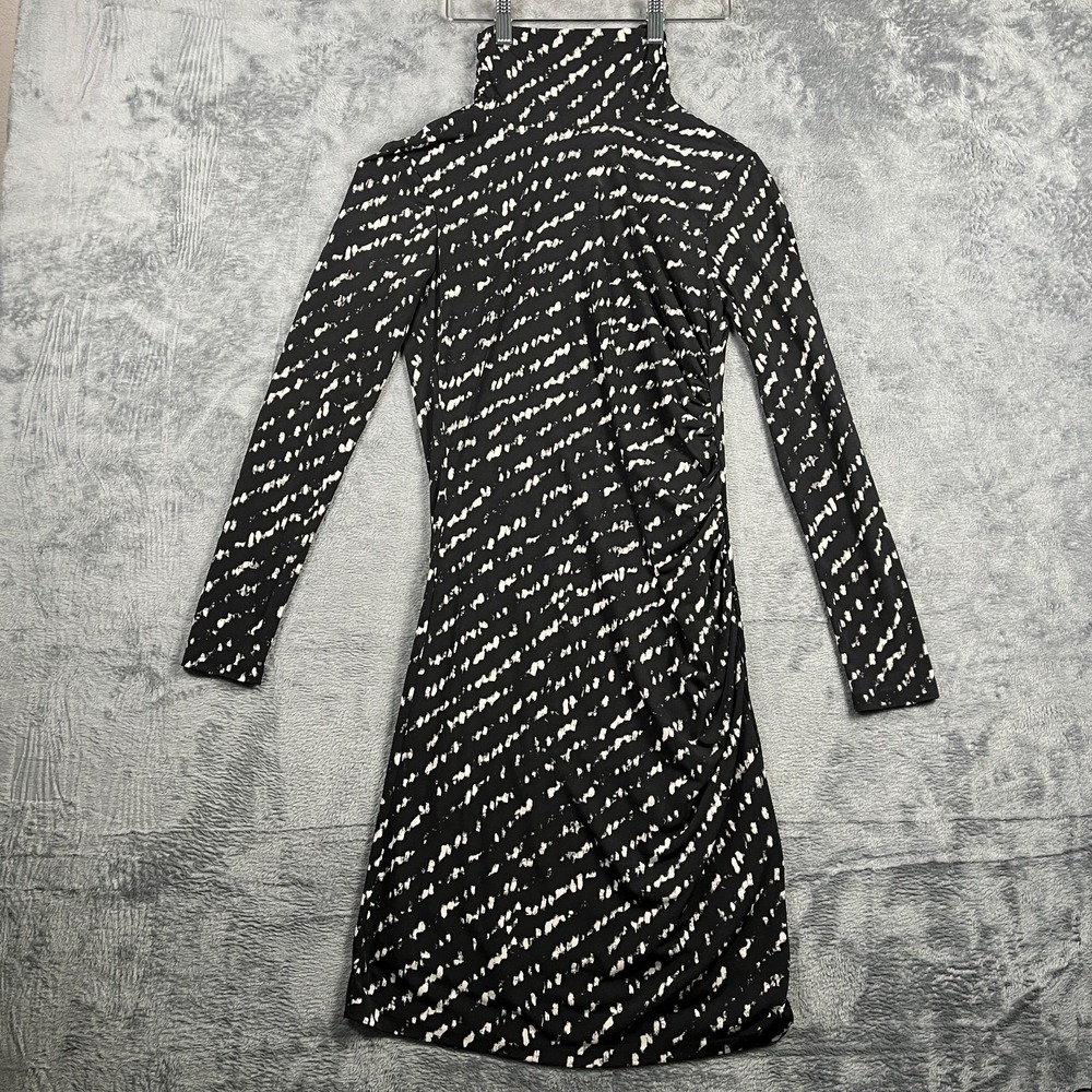 Vince Camuto Sheath Dress Womens Small Black White Geometric Midi Mock Neck
